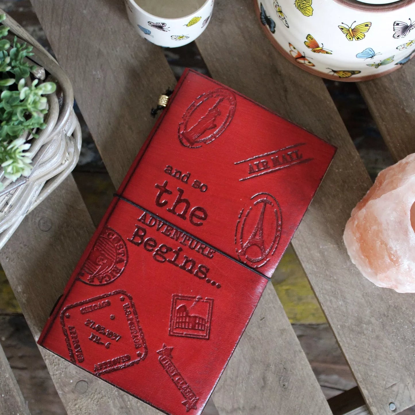 Super Eco Friendly Handmade Red Leather Journal "The Adventure Begins" Free P&P