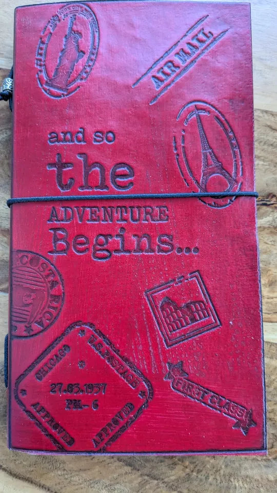 Super Eco Friendly Handmade Red Leather Journal "The Adventure Begins" Free P&P