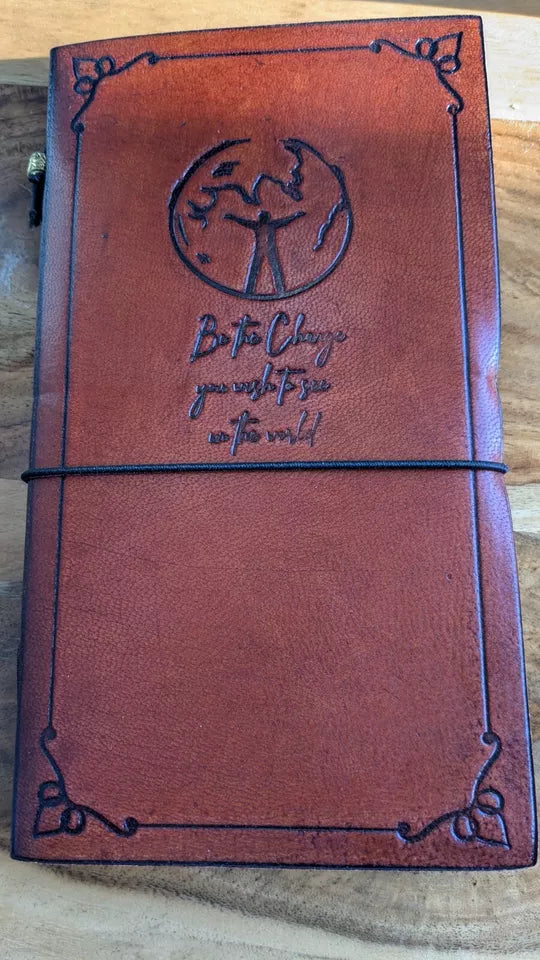 Super Eco Friendly Handmade Brown Leather Journal "Be The Change " Free P&P