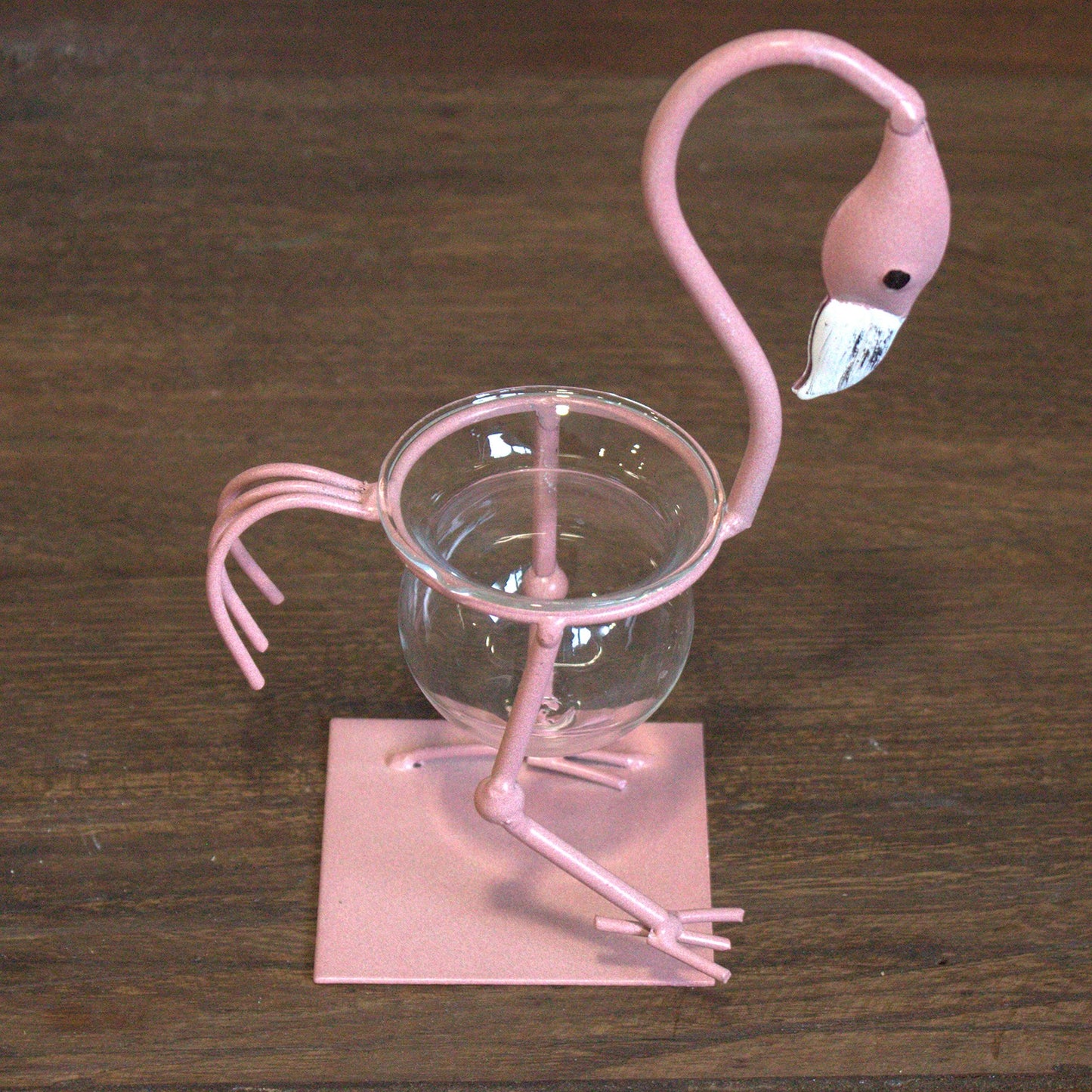 Pink Flamingo - Glass Vase Hydroponic Pot & Plant Stand Recycled Metal FREE P&P