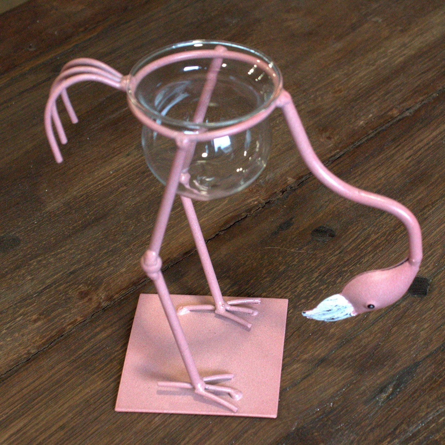 Pink Flamingo - Glass Vase Hydroponic Pot & Plant Stand Recycled Metal FREE P&P