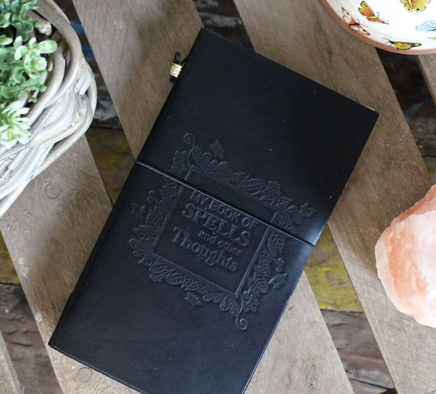 Super Eco Friendly Handmade Black Leather Journal "My Book of Spells" Free P&P