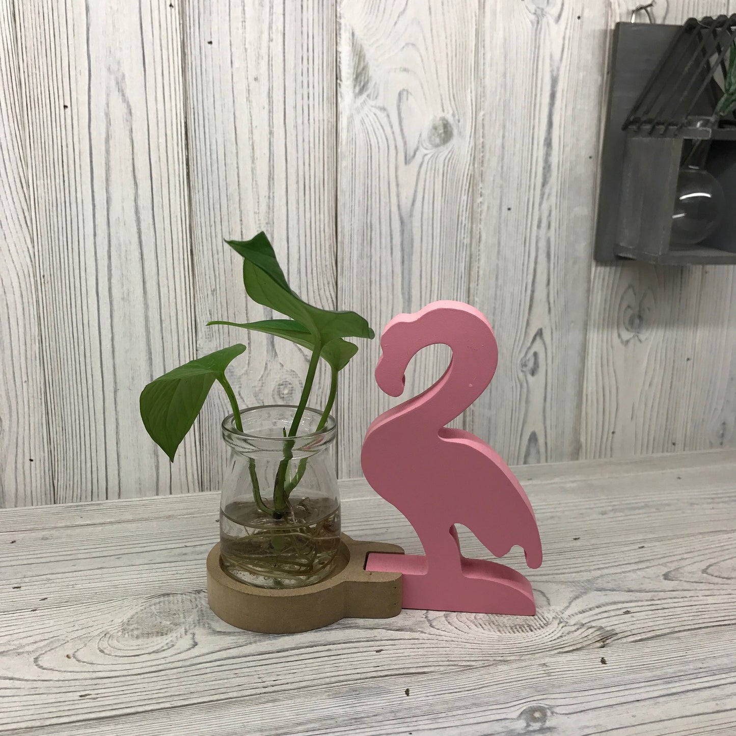 Hydroponic Home Décor - Wooden Frame Flamingo - Glass Jar - Plants Free P&P